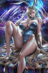 Rule 34 | 1girl, absurdres, animal ears, asuna (blue archive), asuna (bunny) (blue archive), blonde hair, blue archive, breasts, detached collar, gloves, hair over one eye, high heels, highres, large breasts, leotard, lexaiduer, long hair, playboy bunny, sitting, skindentation, smile, solo, v, very long hair, white gloves