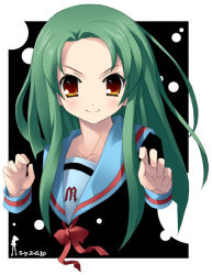 Rule 34 | 00s, 1girl, forehead, green hair, kantoku, long hair, school uniform, serafuku, smile, solo, suzumiya haruhi no yuuutsu, tsuruya