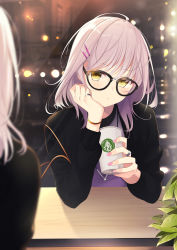 Rule 34 | 1girl, black-framed eyewear, black shirt, blush, closed mouth, coffee, cup, glasses, hair ornament, hand on own cheek, hand on own face, highres, holding, holding cup, indoors, long sleeves, medium hair, original, pink hair, reflection, sasahara wakaba, shirt, solo, window, yellow eyes