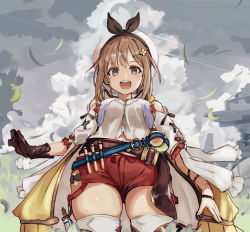 Rule 34 | 1girl, atelier (series), atelier ryza, atelier ryza 1, bad id, bad pixiv id, belt, beret, black ribbon, blue belt, brown belt, brown eyes, brown gloves, brown hair, commentary, cowboy shot, flask, fuyu yafunu, gloves, hair ornament, hat, hat ribbon, highres, jacket, leather, leather belt, leather gloves, looking at viewer, looking down, navel, open clothes, open jacket, open mouth, red shorts, reisalin stout, ribbon, round-bottom flask, shirt, short hair, short shorts, short sleeves, shorts, single glove, skindentation, sleeveless, sleeveless jacket, smile, solo, standing, thighhighs, thighs, vial, white hat, white shirt, yellow jacket