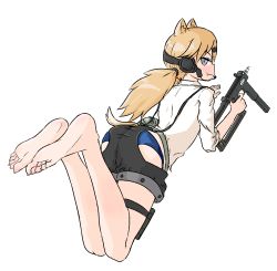 Rule 34 | 1girl, animal ears, ass, barefoot, blonde hair, blue eyes, blush, bushman ltd., cat ears, fang, feet, girls&#039; frontline, gun, hair ornament, hairclip, handgun, headset, idw (girls&#039; frontline), long hair, looking at viewer, looking back, lying, machine gun, machine pistol, on stomach, parker-hale, parker-hale idw, parker-hale pdw, personal defense weapon, pistol, prototype design, rheinlander instruments corp., simple background, smile, soles, submachine gun, suppressor, the pose, toes, twintails, weapon, white background