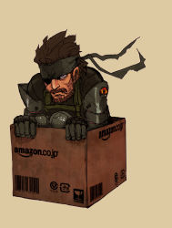 Rule 34 | 1boy, big boss, box, cardboard box, highres, in container, inuyou, male focus, metal gear (series), metal gear solid: peace walker, product placement, sepia background, solo