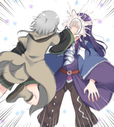 Rule 34 | 2others, androgynous, ascot, belt, black shirt, black shorts, blue capelet, brown coat, brown footwear, brown pants, capelet, clause (len&#039;en), coat, collared shirt, commentary request, emphasis lines, green trim, grey hair, highres, houlen yabusame, in the face, layered sleeves, len&#039;en, long hair, long sleeves, motion blur, multiple others, other focus, ougi hina, pants, pie in face, pink shirt, puffy short sleeves, puffy sleeves, purple coat, purple hair, red belt, shirt, short hair, short over long sleeves, short sleeves, shorts, white ascot, white trim, wide sleeves