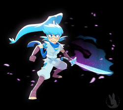 Rule 34 | absurdres, angry, barefoot, black background, blue eyes, blue hair, blue scarf, clenched hand, clenched teeth, crystal sword, fishnets, highres, long hair, mushi (mystery skulls), mystery skulls, ninja, petals, ponytail, scarf, sideburns, simple background, solo, sword, teeth, thepurpah, torn clothes, torn sleeves, watermark, weapon