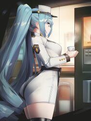 Rule 34 | 1girl, absurdres, aqua hair, ass, breasts, coffee, gloomyowl, goddess of victory: nikke, hat, highres, large breasts, long hair, military, military uniform, privaty (nikke), short shorts, shorts, sideboob, solo, thighhighs, twintails, uniform, very long hair, white hat, yellow eyes