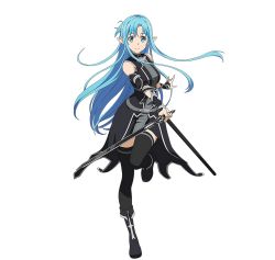 Rule 34 | 10s, 1girl, asuna (sao), asuna (sao-alo), black thighhighs, blue eyes, blue hair, detached sleeves, full body, highres, holding, holding sword, holding weapon, long hair, looking at viewer, matching hair/eyes, official art, pointy ears, simple background, smile, solo, sword, sword art online, sword art online: code register, thighhighs, weapon, white background