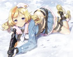 Rule 34 | 1girl, ammunition pouch, ankle boots, anti-materiel rifle, belt, beret, blonde hair, blue eyes, blue jacket, blue skirt, blush, boots, bullpup, closed mouth, fingerless gloves, fur-trimmed jacket, fur trim, girls&#039; frontline, gloves, gun, hat, highres, hip focus, integral suppressor, integrally-suppressed firearm, jacket, jju kumey, looking at viewer, lying, magazine (weapon), medium hair, multicolored hair, navel, neck ribbon, on stomach, ots-44, ots-44 (girls&#039; frontline), outdoors, pleated skirt, pouch, prototype design, ribbon, rifle, scope, sidelocks, skirt, smile, sniper rifle, snow, snowing, socks, solo, stomach, strap, streaked hair, suppressor, thick eyebrows, thigh strap, weapon, white ribbon, wrist straps, yellow footwear