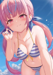 Rule 34 | 1girl, bare shoulders, bikini, blue bikini, blue hair, blue sky, blush, breasts, cleavage, collarbone, colored inner hair, drill hair, highres, hololive, large breasts, long hair, looking at viewer, milkshakework, minato aqua, minato aqua (hololive summer 2019), multicolored hair, navel, purple eyes, purple hair, sky, smile, solo, striped bikini, striped clothes, swimsuit, thighs, twin drills, twintails, two-tone hair, virtual youtuber