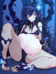 Rule 34 | 1girl, absurdres, ahoge, alternate costume, bikini, black hair, blue background, blue flower, breasts, commentary, elsword, english commentary, flower, hair between eyes, hair flower, hair ornament, highres, jo an, korean commentary, long hair, looking at viewer, mixed-language commentary, nisha (elsword), nisha labyrinth (elsword), off shoulder, purple eyes, sitting, small breasts, solo, swimsuit, toenails, toes, very long hair