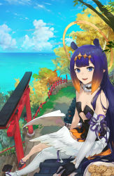 Rule 34 | 1girl, :d, bare shoulders, black gloves, blue eyes, blue sky, blunt bangs, breasts, cloud, commentary, cookie, day, detached collar, detached sleeves, diamond hairband, dress, fang, fence, food, fur-trimmed collar, fur trim, gloves, halo, highres, hololive, hololive english, horizon, long hair, looking at viewer, low wings, mole, mole under eye, ninomae ina&#039;nis, on roof, open mouth, outdoors, plate, platform clogs, platform footwear, pointy ears, purple hair, single detached sleeve, sitting, skin fang, sky, small breasts, smile, solo, strapless, strapless dress, torii, tree, unsomnus, very long hair, virtual youtuber, white wings, wings