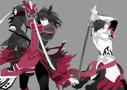 Rule 34 | 2boys, aikana, arms up, back, black hair, dual persona, gaius (tales), gloves, grey background, male focus, manly, monochrome, multiple boys, official alternate costume, serious, simple background, spot color, surcoat, sword, tales of (series), tales of xillia, weapon, wingul (tales)