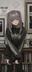 Rule 34 | 1girl, black jacket, black thighhighs, blush, book, born to die world is a fuck (meme), collar, cowboy shot, gishiki (gshk), grey hair, indoors, jacket, jewelry, long hair, long sleeves, looking at viewer, meme, original, purple eyes, smile, solo, spiked collar, spikes, standing, thighhighs, twintails