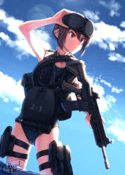 Rule 34 | 1girl, absurdres, assault rifle, bad id, bad pixiv id, blue sky, brown eyes, brown hair, day, diving mask, diving mask on head, dreadtie, goggles, goggles on head, gun, hair between eyes, highres, looking to the side, one-piece swimsuit, open mouth, original, rebreather, rifle, school swimsuit, scuba gear, short hair, signature, sky, solo, standing, swimsuit, thigh strap, weapon, wet