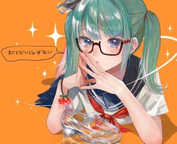 Rule 34 | 1girl, aqua hair, blue eyes, blush, cherry, cinderella (vocaloid), closed mouth, commentary, crying, crying with eyes open, food, food-themed bracelet, fruit, glass slipper, glasses, halftone, hatsune miku, kikinoki, loafers, long hair, looking at viewer, lying, neckerchief, on stomach, orange background, red neckerchief, sailor collar, school uniform, semi-rimless eyewear, serafuku, shoes, simple background, solo, steepled fingers, tears, twintails, under-rim eyewear, vocaloid