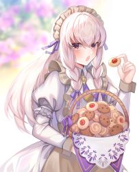 Rule 34 | 1girl, apron, basket, braid, commentary request, cookie, dress, fire emblem, fire emblem: three houses, fire emblem heroes, food, grey apron, hair ribbon, hand up, highres, holding, holding basket, holding food, juliet sleeves, long hair, long sleeves, lysithea von ordelia, lysithea von ordelia (tea party), maid, maid headdress, nintendo, official alternate costume, official alternate hairstyle, puffy sleeves, purple eyes, purple ribbon, ribbon, satoimo chika, solo, twin braids, upper body, very long hair, white dress, white hair