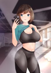 Rule 34 | 1girl, alternate costume, anchor symbol, black pants, black sports bra, blue eyes, breasts, brown hair, cellphone, clothes lift, green shirt, gym, hair ornament, highres, holding, holding phone, indoors, kantai collection, large breasts, lifted by self, maya (kancolle), navel, pants, phone, shirt, shirt lift, short hair, short sleeves, smartphone, solo, sports bra, standing, t-shirt, tadokoro nurikabe, x hair ornament, yoga pants