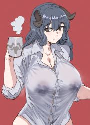Rule 34 | 1girl, black hair, bow (bhp), breasts, brown eyes, cleavage, closed mouth, covered erect nipples, cow horns, cowboy shot, cup, grey shirt, holding, holding cup, horns, huge breasts, lactation, lactation through clothes, looking at viewer, mug, naked shirt, original, red background, shirt, simple background, smile, solo, standing, tented shirt, wet, wet clothes, wet shirt