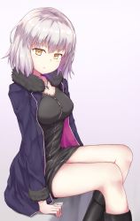 Rule 34 | 1girl, black dress, black footwear, blue coat, boots, coat, commentary request, cross, cross necklace, dress, fate/grand order, fate (series), fur-trimmed coat, fur trim, gradient background, grey background, highres, jeanne d&#039;arc (fate), jeanne d&#039;arc alter (fate), jeanne d&#039;arc alter (ver. shinjuku 1999) (fate), jewelry, looking at viewer, microdress, necklace, nenosame, official alternate costume, parted lips, partial commentary, short hair, silver hair, sitting, solo, yellow eyes