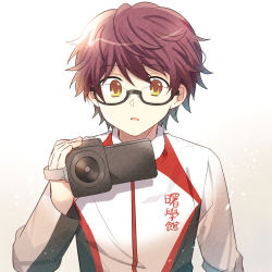 Rule 34 | 1boy, brown eyes, brown hair, camera, recording, glasses, highres, holding, holding camera, long sleeves, looking at viewer, male focus, mamibakuhatu, oka eitaro, re-main, short hair, simple background, solo, upper body