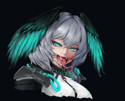 Rule 34 | 1girl, absurdres, arknights, black background, black feathers, black wings, blue eyes, blue feathers, blue wings, commentary request, crossed bangs, fangs, feathered wings, feathers, forked tongue, grey hair, hair between eyes, head wings, highres, ho&#039;olheyak (arknights), infection monitor (arknights), looking at viewer, open mouth, saliva, simple background, slit pupils, solo, tongue, two-tone wings, wings, xiniu r&amp;f (lande hua hua)