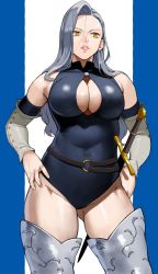 Rule 34 | 1girl, absurdres, armored boots, bare shoulders, belt, blue hair, blue leotard, boots, breasts, cleavage, cleavage cutout, clothing cutout, detached sleeves, hands on own hips, highres, jericho (nanatsu no taizai), large breasts, leotard, light blue hair, lips, long hair, looking to the side, mokushiroku no yonkishi, nanatsu no taizai, parted lips, simple background, skin tight, solo, stray hair, sword, thick thighs, thigh boots, thighs, weapon, yellow eyes, yoshio (55level)