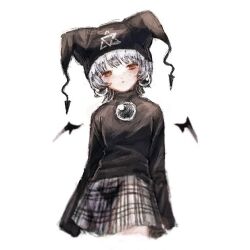 Rule 34 | 1girl, bat wings, black hat, closed mouth, cowboy shot, earrings, expressionless, hat, hexagram, jester cap, jewelry, long sleeves, looking at viewer, mayura, plaid, plaid skirt, red eyes, short hair, simple background, skirt, sleeves past wrists, solo, standing, ukagaka, w0 0ny chloe, white background, white hair, wings