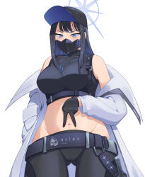 Rule 34 | 1girl, absurdres, bare shoulders, baseball cap, belt, black belt, black gloves, black hair, black hat, black pants, black shirt, blue archive, blue eyes, blunt bangs, blush, breasts, buckle, chest harness, coat, commentary, covered collarbone, cowboy shot, crop top, gloves, gluteal fold, groin, halo, hand in pocket, harness, hat, highres, knife, knife sheath, large breasts, long hair, looking at viewer, mask, midriff, mouth mask, navel, nikun (sisee456), no mask, pants, saori (blue archive), sheath, shirt, simple background, sleeveless, sleeveless shirt, snap-fit buckle, solo, spread navel, standing, sweat, underbust, white background, white coat