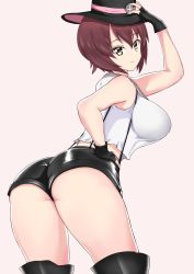 Rule 34 | 1girl, absurdres, ass, black shorts, blush, breasts, brown eyes, brown hair, closed mouth, girls und panzer, hat, highres, large breasts, looking at viewer, nishizumi maho, pink background, short hair, shorts, simple background, smile, solo, tank top, white tank top, yuusha