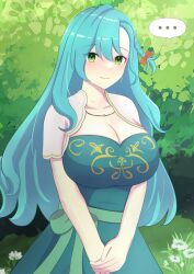 Rule 34 | ..., 1girl, absurdres, aqua hair, braid, breasts, chloe (fire emblem), cleavage, dress, fire emblem, fire emblem engage, flower, foliage, green dress, green eyes, green ribbon, hair ornament, highres, huge breasts, jewelry, long hair, mgnk33, necklace, nintendo, outdoors, own hands together, ribbon, side braid, single braid, smile, solo, speech bubble
