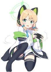Rule 34 | 1girl, animal ear headphones, animal ears, black shorts, black thighhighs, blonde hair, blue archive, blue bow, blue necktie, blush, bow, collared shirt, commentary, fake animal ears, full body, green eyes, green halo, hair bow, halo, handheld game console, headphones, highres, holding, holding handheld game console, hood, hood down, hooded jacket, jacket, knee up, long sleeves, looking at viewer, massala, midori (blue archive), multicolored clothes, multicolored jacket, necktie, off shoulder, open mouth, school uniform, shirt, short hair, shorts, simple background, sitting, sweat, thighhighs, v-shaped eyebrows, wavy mouth, white background, white jacket, white shirt