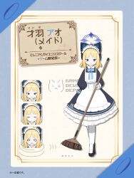 Rule 34 | 1girl, absurdres, animal ear headphones, animal ears, apron, black dress, blonde hair, blue archive, blue eyes, blue halo, blush, broom, cat ear headphones, closed eyes, closed mouth, dress, emaiyu, expressions, fake animal ears, halo, headphones, highres, holding, holding broom, long sleeves, looking at viewer, maid, maid headdress, open mouth, original, pantyhose, smile, solo, standing, white apron, white pantyhose