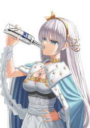 Rule 34 | 1girl, absolut vodka, alcohol, anastasia (fate), arisku, blue eyes, bottle, cape, chugging, drinking, fate/grand order, fate (series), hair between eyes, hand on own hip, headband, highres, holding, holding bottle, jewelry, pendant, sash, solo, v-shaped eyebrows, vodka, white background, white hair