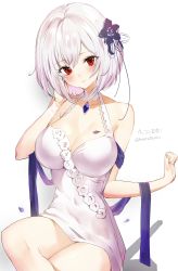 Rule 34 | 1girl, absurdres, azur lane, bare shoulders, blush, breasts, choker, cleavage, closed mouth, collarbone, dress, hair between eyes, hairband, highres, large breasts, looking at viewer, red eyes, short hair, sirius (azur lane), sirius (white rose) (azur lane), sleeveless, sleeveless dress, smile, solo, white dress, white hair