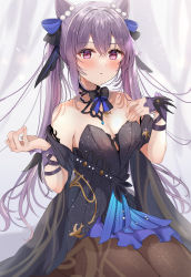 Rule 34 | 1girl, arm ribbon, bare shoulders, black bow, black bowtie, black dress, blush, bow, bowtie, breasts, brown pantyhose, cleavage, cone hair bun, detached collar, diamond-shaped pupils, diamond (shape), dress, genshin impact, hair between eyes, hair bun, hair ribbon, hands up, highres, keqing (genshin impact), keqing (opulent splendor) (genshin impact), long hair, looking at viewer, maruro, medium breasts, official alternate costume, open mouth, pantyhose, pearl hair ornament, purple dress, purple eyes, purple hair, ribbon, simple background, sitting, solo, symbol-shaped pupils, twintails, two-tone dress, wrist ribbon