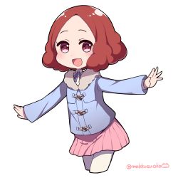 Rule 34 | 10s, 1girl, :d, blue jacket, brown eyes, brown hair, commentary request, do m kaeru, jacket, okumura haru, open mouth, outstretched arms, pantyhose, persona, persona 5, pink skirt, pleated skirt, short hair, skirt, smile, spread arms, twitter username, white pantyhose