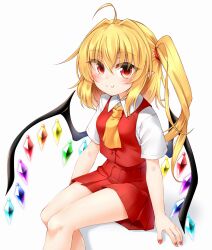Rule 34 | 1girl, ahoge, ascot, blonde hair, blush, breasts, collared shirt, commentary request, crystal, crystal wings, dot nose, eyes visible through hair, fang, flandre scarlet, hair between eyes, hair tie, highres, legs, looking at viewer, marukyuu ameya, medium breasts, medium hair, miniskirt, nail polish, pleated skirt, pointy ears, ponytail, red eyes, red nails, red skirt, red vest, shirt, short sleeves, side ponytail, simple background, sitting, skin fang, skirt, smile, solo, thick eyelashes, thighs, touhou, vest, white background, white shirt, wings, yellow ascot