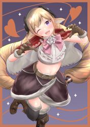 Rule 34 | 1girl, bad dobbyyyyy, belt, blonde hair, boots, border, bow, bowtie, brown border, brown footwear, brown gloves, capelet, drill hair, elise (fire emblem), fire emblem, fire emblem fates, fur-trimmed gloves, fur-trimmed skirt, fur trim, gloves, heart, highres, kneehighs, long hair, looking at viewer, low-tied long hair, midriff, navel, nintendo, one eye closed, parted bangs, pink bow, pink bowtie, purple background, purple eyes, red capelet, skirt, socks, solo, sparkle, twin drills, two-sided capelet, two-tone capelet, white capelet