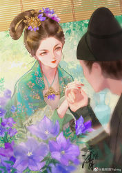Rule 34 | 1girl, beads, chinese clothes, closed mouth, flower, from behind, hair ornament, hair rings, hanfu, leaf, light particles, long sleeves, looking at another, nail polish, original, outstretched hand, pitcher (container), red nails, solo, upper body, windowsill, yu mingqing yeimq