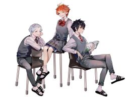 Rule 34 | 1girl, 2boys, ;), ahoge, bad id, bad pixiv id, black eyes, black footwear, black hair, blush, book, bow, bowtie, chair, closed eyes, collar, collared shirt, commentary request, emma (yakusoku no neverland), flip-flops, from side, full body, green eyes, grey skirt, grey vest, hahahanon, hair between eyes, hair over one eye, highres, holding, holding book, long sleeves, looking at viewer, multiple boys, necktie, norman (yakusoku no neverland), one eye closed, open book, orange hair, parted lips, ray (yakusoku no neverland), red bow, red neckwear, sandals, school uniform, shirt, short hair, shorts, shorts under skirt, silver hair, simple background, sitting, skirt, smile, socks, table, thick eyebrows, transparent background, uniform, vest, white legwear, white shirt, yakusoku no neverland