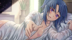 Rule 34 | 1girl, :d, alice gear aegis, blue hair, blush, breasts, collared shirt, dress shirt, hair between eyes, highres, indoors, long hair, long sleeves, looking at viewer, lying, naked shirt, on bed, on side, open clothes, open mouth, open shirt, origami yakko, pillow, pov, purple eyes, shirt, small breasts, smile, solo, takanashi rei, white shirt, wing collar