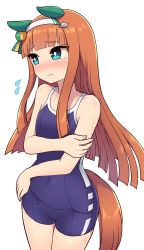 Rule 34 | 1girl, animal ears, bare shoulders, blue eyes, closed mouth, ear covers, embarrassed, flat chest, highres, hime cut, horse ears, horse girl, horse tail, long hair, looking away, orange hair, silence suzuka (umamusume), simoyuki, solo, swimsuit, tail, tracen swimsuit, umamusume, very long hair, white background