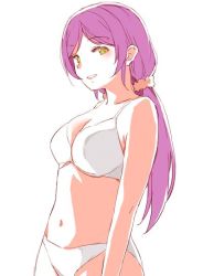 Rule 34 | 1girl, bra, breasts, cleavage, duke (inu daimyou), green eyes, hair ornament, hair scrunchie, long hair, looking at viewer, love live!, love live! school idol project, medium breasts, navel, panties, parted lips, pink scrunchie, purple hair, scrunchie, simple background, smile, solo, stomach, tojo nozomi, twintails, underwear, underwear only, white background, white bra, white panties