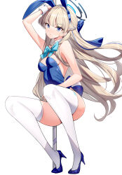 Rule 34 | 1girl, animal ears, arm up, bare shoulders, blonde hair, blue archive, blue eyes, blue footwear, blue leotard, blush, bow, bowtie, braid, breasts, closed mouth, commentary request, detached collar, fake animal ears, fake tail, french braid, full body, halo, high heels, highleg, highleg leotard, highres, leotard, long hair, looking at viewer, medium breasts, playboy bunny, rabbit ears, rabbit tail, ririko (zhuoyandesailaer), simple background, solo, squatting, tail, thighhighs, toki (blue archive), toki (bunny) (blue archive), white background, white thighhighs, wrist cuffs