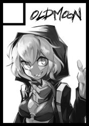 Rule 34 | 10s, 1girl, abyssal ship, ahoge, bikini, bikini top only, breasts, cleavage, deel (rkeg), greyscale, hood, hoodie, kantai collection, looking at viewer, monochrome, o-ring, o-ring top, open clothes, re-class battleship, scarf, sharp teeth, short hair, smirk, solo, swimsuit, teeth, upper body
