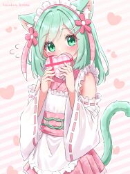 Rule 34 | 1girl, absurdres, animal ears, apron, artist name, box, cat ears, cat girl, cat tail, covering own mouth, detached sleeves, flower, frilled apron, frills, gift, gift box, green eyes, green hair, hair flower, hair ornament, hairclip, hazakura hinata, heart, heart-shaped box, highres, holding, holding gift, japanese clothes, kimono, looking at viewer, maid, maid headdress, original, pink kimono, solo, tail, upper body, valentine, variant set, wa maid
