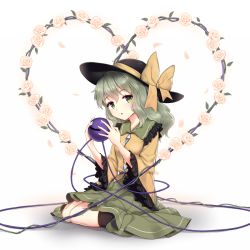 Rule 34 | 1girl, black hat, black socks, blush, bow, breasts, commentary, flower, frilled sleeves, frills, green eyes, green hair, green skirt, hair between eyes, hat, hat bow, head tilt, heart, heart of string, holding, kneehighs, komeiji koishi, leaf, long hair, long sleeves, looking at viewer, minust, parted lips, petals, rose, rose petals, shadow, shirt, simple background, sitting, skirt, small breasts, socks, solo, third eye, touhou, wariza, white background, white flower, white rose, wide sleeves, yellow bow, yellow shirt