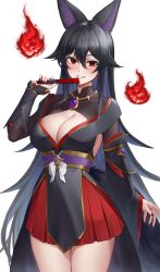 Rule 34 | 1girl, animal ears, bare shoulders, black hair, blush, breasts, cleavage, collarbone, fox ears, fox tail, hand fan, highres, jewelry, large breasts, long hair, looking at viewer, nail, nail polish, open clothes, original, red eyes, simple background, solo, tail, very long hair, white background, yorugami rei