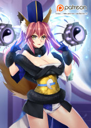 Rule 34 | &gt;:), 10s, 1girl, animal ears, areola slip, breasts, butter-t, cleavage, cowboy shot, fate/extella, fate/extra, fate (series), fox ears, fox shadow puppet, fox tail, gloves, hat, large breasts, long hair, looking at viewer, official alternate costume, patreon, patreon username, pink hair, solo, tail, tamamo (fate), tamamo no mae (fate/extra), tamamo no mae (moon crux) (fate), thighs, twintails, v-shaped eyebrows, watermark, web address, yellow eyes, yin yang