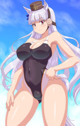 Rule 34 | 1girl, animal ears, black headwear, black one-piece swimsuit, blue sky, blunt bangs, breasts, cloud, commentary request, competition swimsuit, covered navel, curvy, gold ship (umamusume), highleg, highleg swimsuit, highres, horse ears, horse girl, horse tail, kihaiu, large breasts, long hair, looking at viewer, one-piece swimsuit, purple eyes, silver hair, sky, smile, solo, standing, swimsuit, tail, umamusume