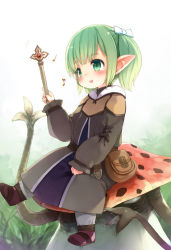 Rule 34 | 10s, 1girl, bag, blush, bow, female focus, final fantasy, final fantasy xiv, green eyes, green hair, hair bow, kito (sorahate), lalafell, matching hair/eyes, monster, mushroom, musical note, nature, outdoors, pointy ears, sitting, solo, square enix, wand, warrior of light (ff14)
